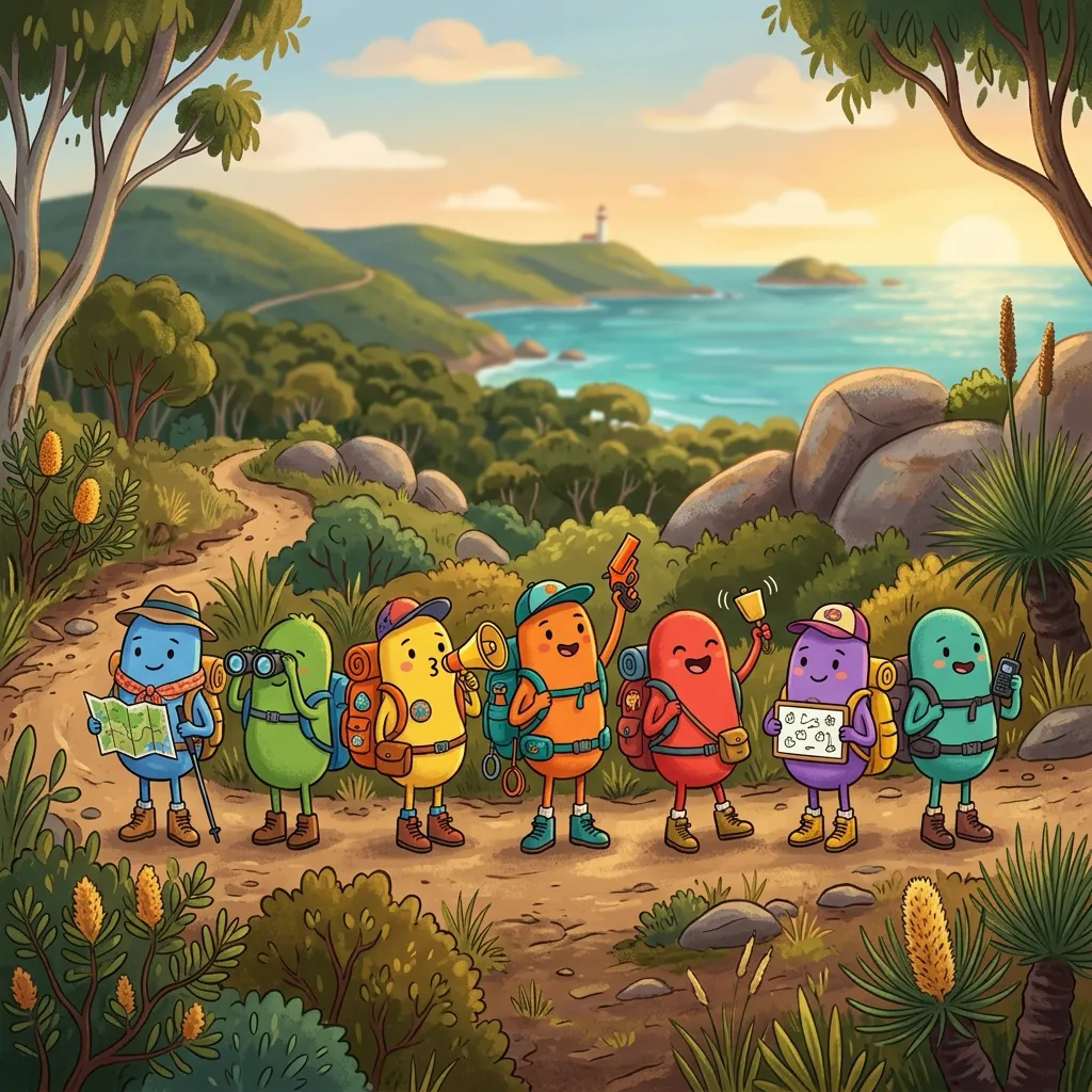 The walker characters of Big Walk lined up with their backpacks and tools